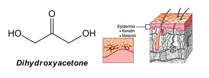 Chemical structure of dihydroxyacetone with accompanying skin layer diagram highlighting epidermis, keratin, and melanin.
